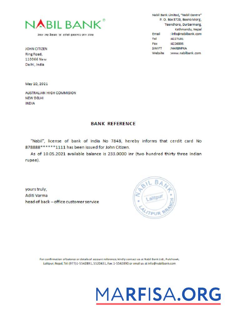 Printable India Nabil bank reference sample